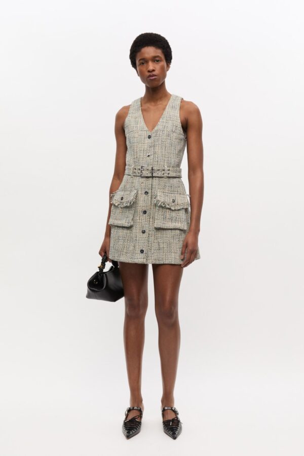 TWEED SLEEVELESS BELTED DRESS, alaskan blue