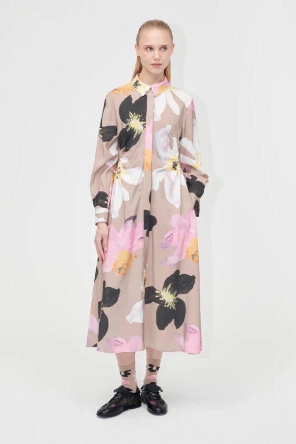 WAIST GATHER SHIRT MIDI DRESS, wild flowers