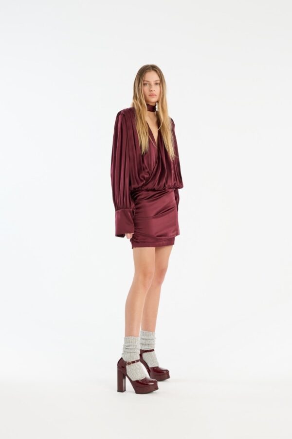 LS SILK V-NECK DRESS, burgundy
