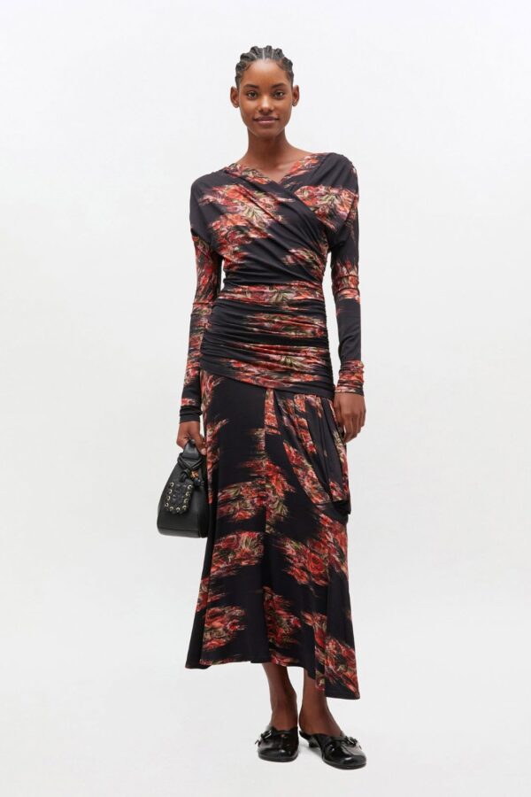 FLORAL RUCHED DRESS, black