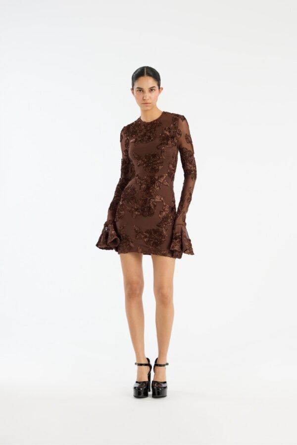 FLOWER MESH MINI DRESS, dark brown