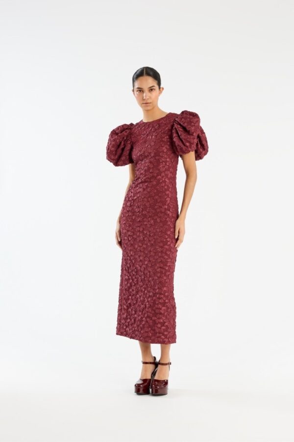 JACQUARD MIDI PUFFY DRESS, burgundy