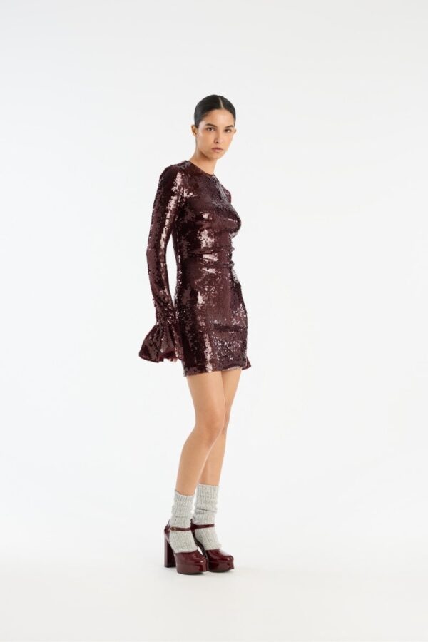 SEQUINS LS MINI DRESS, burgundy