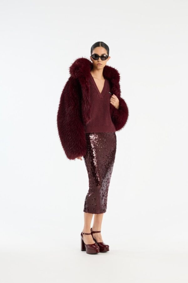 SEQUINS PENCIL SKIRT, burgundy
