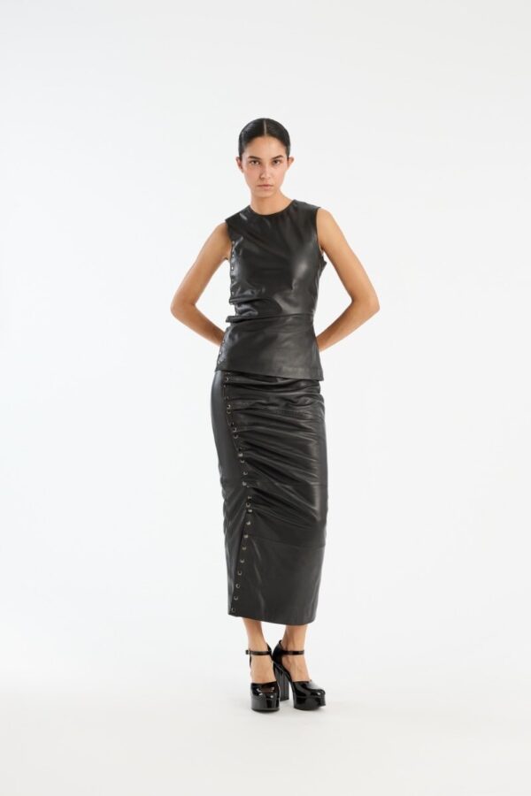 BUTTONED LEATHER TOP, black