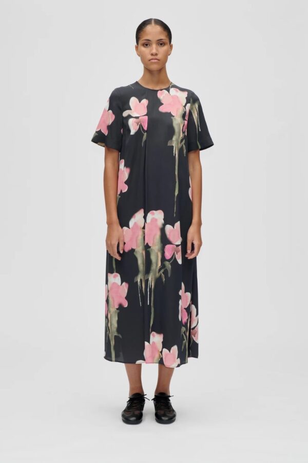 FLOWY SHORT SLEEVE MIDI DRESS, melting flowers