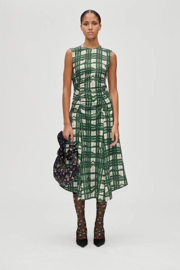 SLEEVELESS GATHERED MIDI DRESS, checkered wave