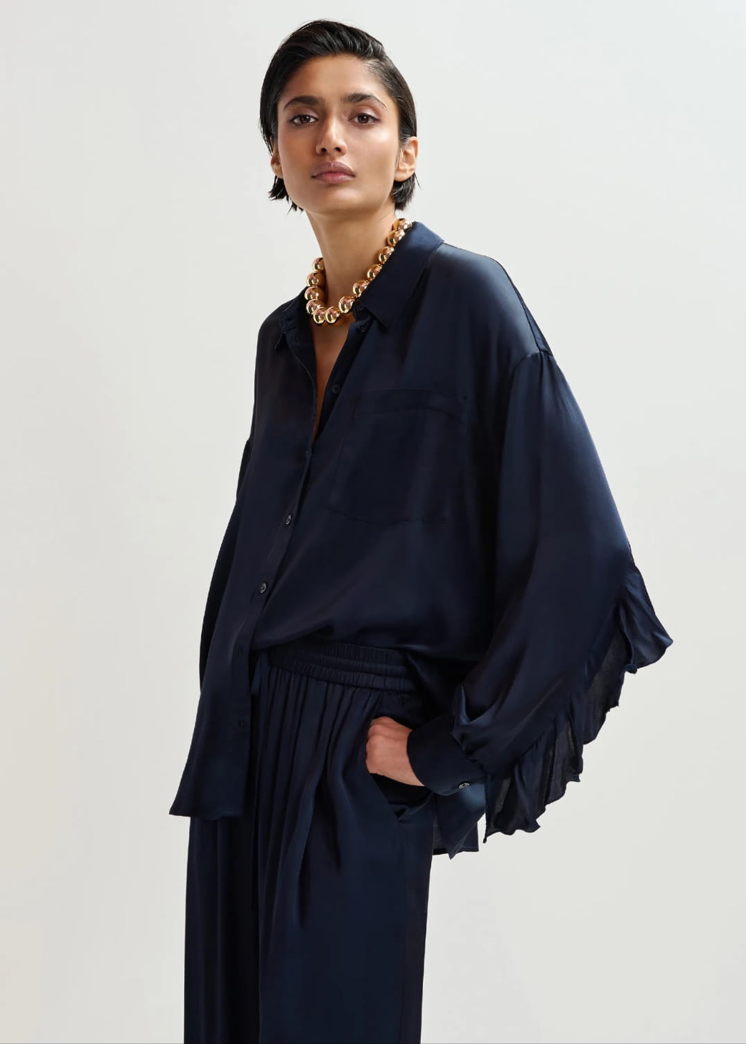 JUDITH RUFFLE-TRIMMED OVERSIZED SHIRT, navy - Image 2